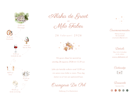 Luikvouw trouwkaart met warme bloemenillustratie en initialen