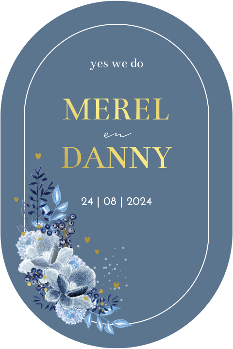 trouwkaart blauw bloemen goudfolie hartje originele ovaal vorm