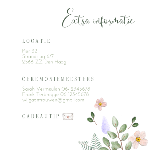 Extra informatie kaartje romantisch met pastel bloemen en blaadjes