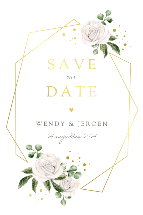romantische save the date met geometrische vorm en witte bloemen