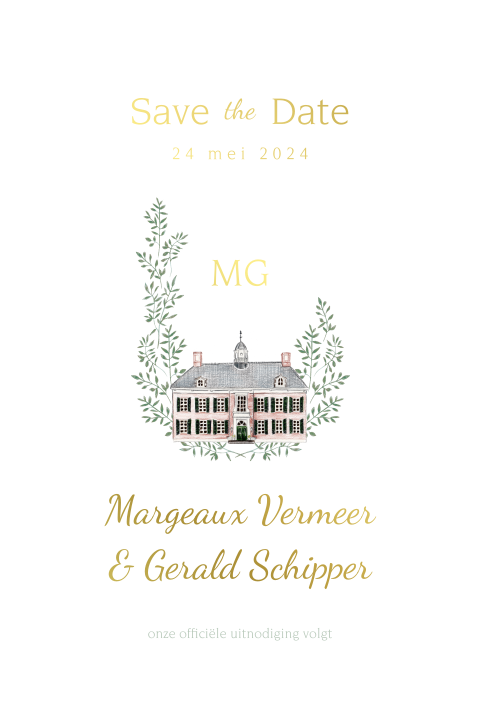 save the date trouwlocatie kasteel oosterhof krans groen goudfolie