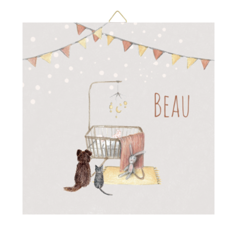 geboortetegeltje wiegje huisdieren vlaggetjes beige