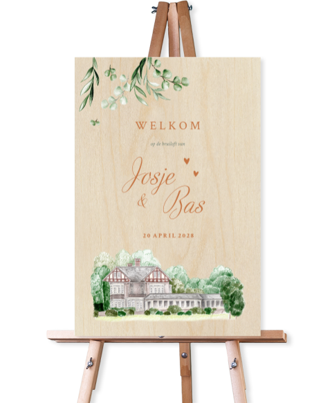 welkomtbord hout vallende takjes trouwlocatie