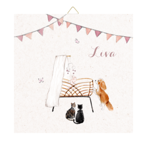 geboortetegeltje wiegje huisdieren vlaggetjes vlinders