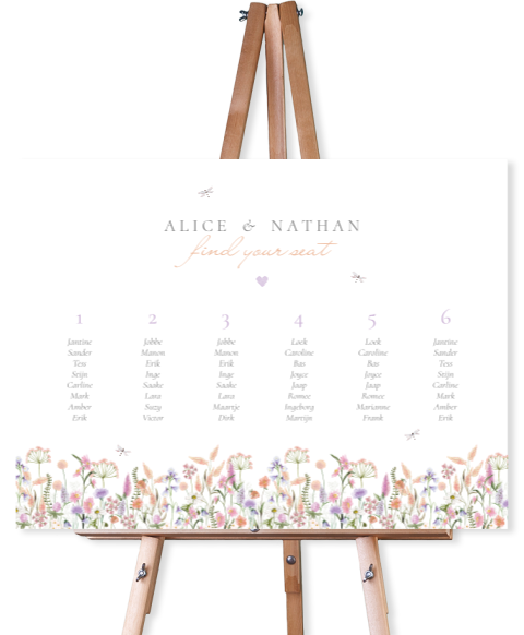 seatingplan zitplan veldbloemen lila perzik roze libelle