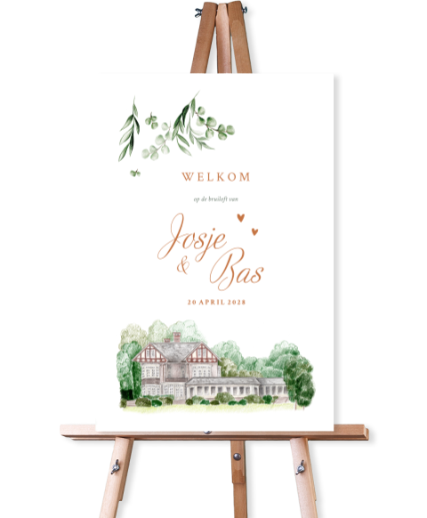welkomstbord vallende takjes trouwlocatie