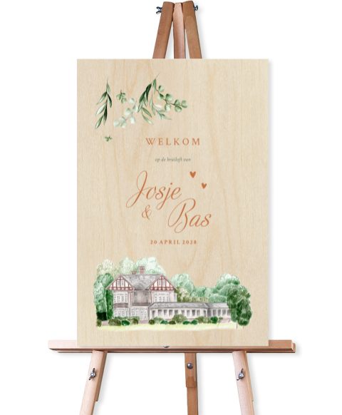 welkomtbord hout vallende takjes trouwlocatie