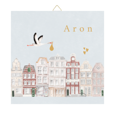 geboortetegeltje ooievaar grachtenpandjes blauw