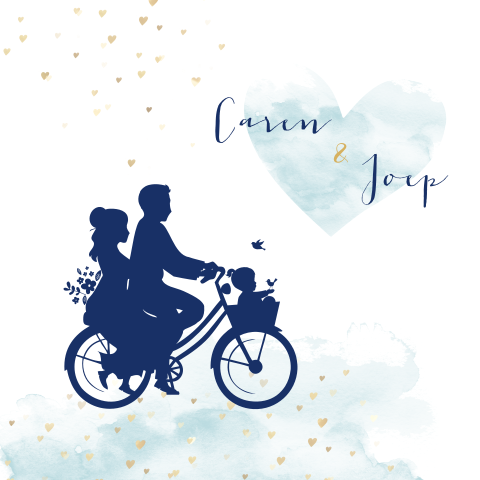 Trouwkaart met silhouet voor bruidspaar op de fiets met een dochtertje