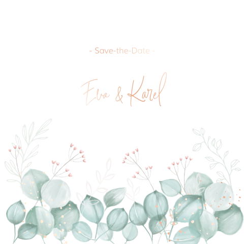 Save-the-Date kaart met randje van eucalyptus en rosé-foliedruk