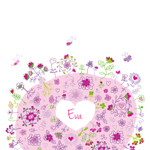 Mooie getekende kaart Eva met lieve bloemetjes en beestjes 