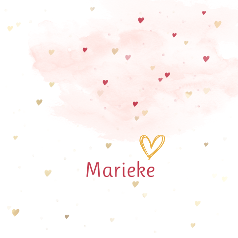 mooie geboortekaart met kleine goudkleurige hartjes en waterverf