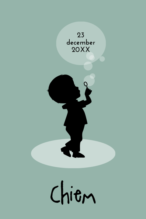 mooie silhouet geboortekaart met jongetje en bellenblaas