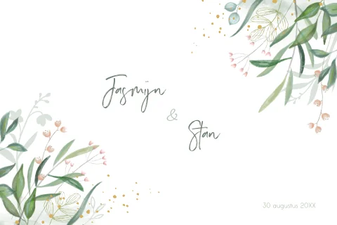 Trouwkaart met lieve kleine takjes en bloemen