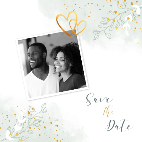 Save the date kaart met goudkleurige en botanische elementen
