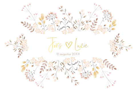 Goudfolie trouwkaart met bloemen in pastel