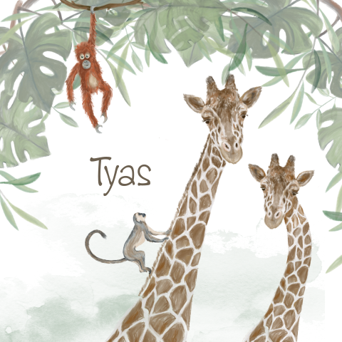 Jungle geboortekaart met giraffen en aapjes