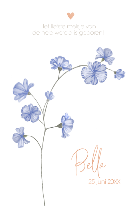 roséfolie geboortekaartje met blauwe tak bloemen