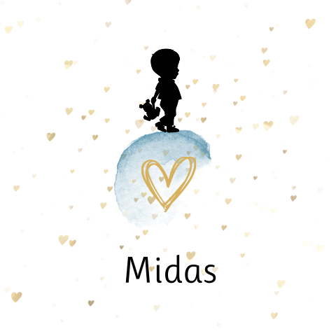 Mooie geboortekaart Midas met silhouet en confetti van hartjes
