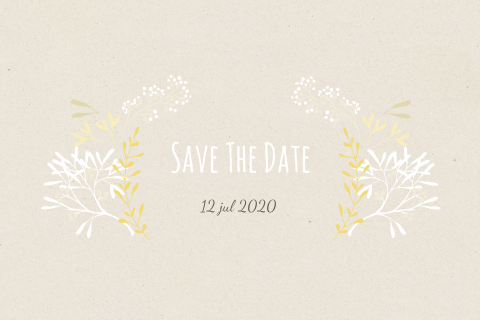 mooie liggende save-the-date-kaart met bloemen en takjes