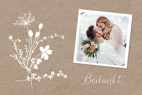Bedankkaart huwelijk met foto kraft en veld bloemen