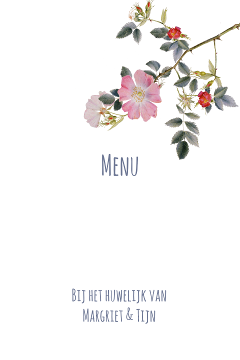 Staande menukaart enkel met vintage bloemen en roosjes