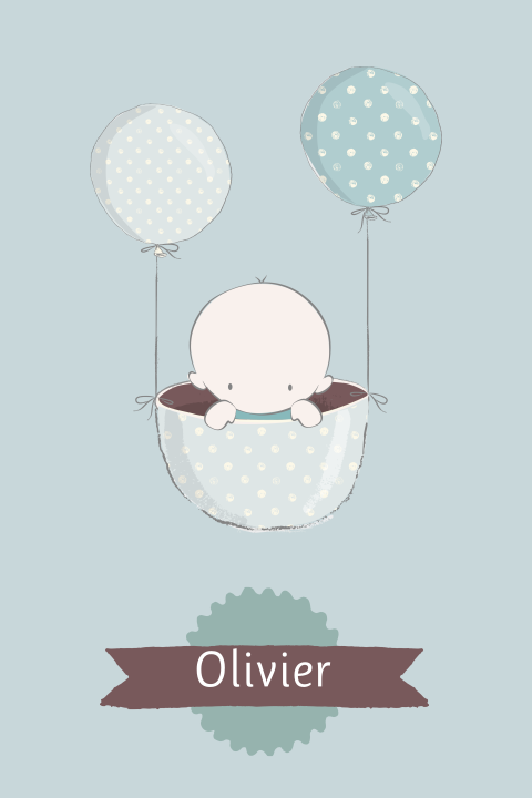 Lief geboortekaartje met baby in mandje met ballonnen