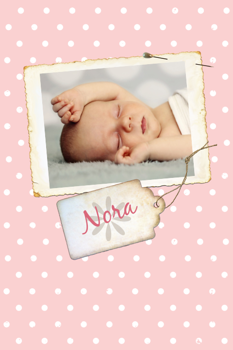 Mooi meisjes geboortekaartje Nora met vintage etiket en leuk dessin