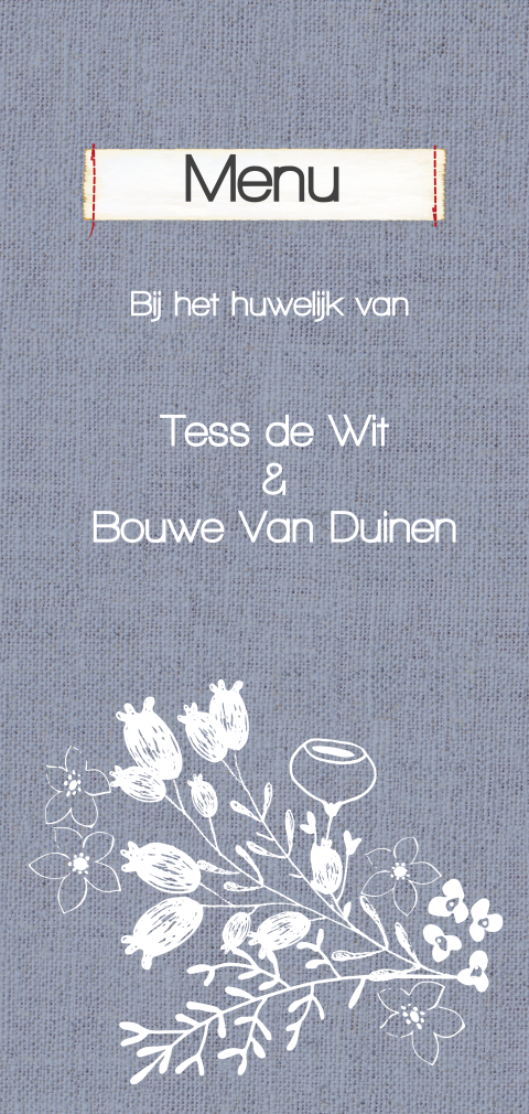 Staande moderne menukaart linnen met bloemen voor diner