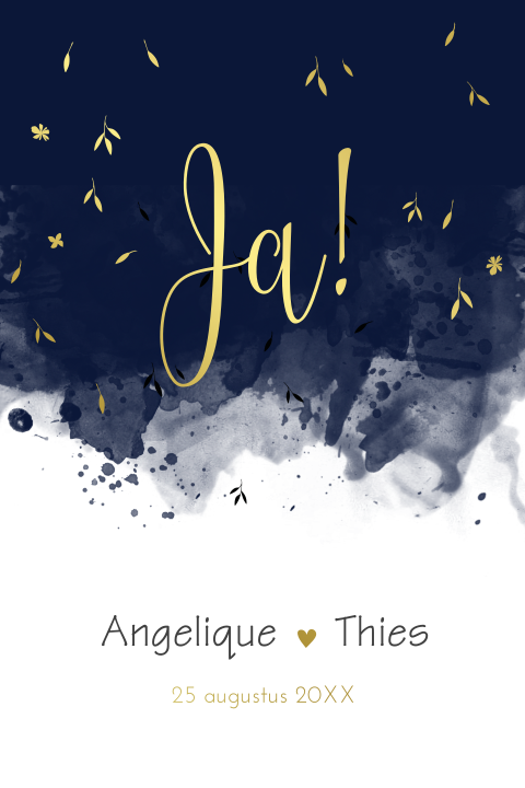 Trouwkaart met watercolor en goudfolie blaadjes