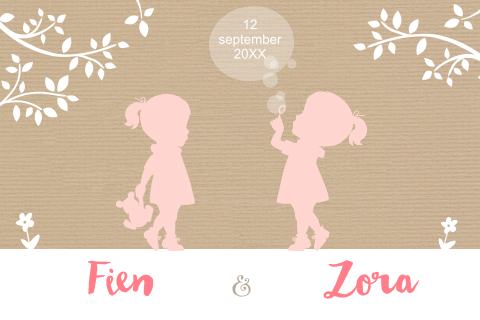 Trendy geboortekaartje met silhoutte van tweeling zusjes