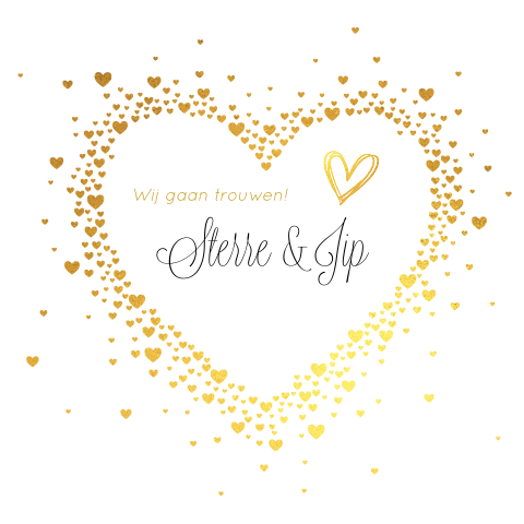 Mooie trouwkaart met goudkleurige hartjes in hartvorm
