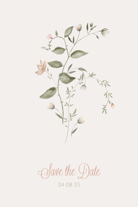 Save-the-date kaart met getekende takjes en bloemen