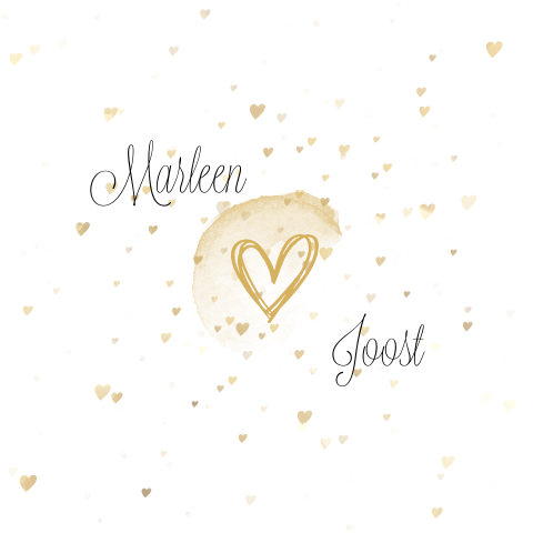 Mooie trouwkaart met confetti van goudkleurige hartjes