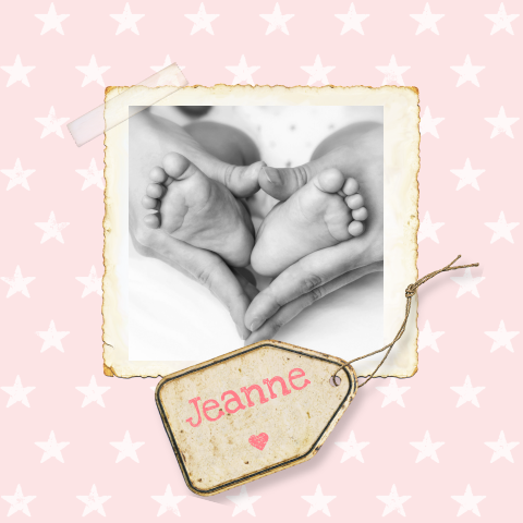 Mooie foto rouwkaart voor meisje met vintage foto label en sterren