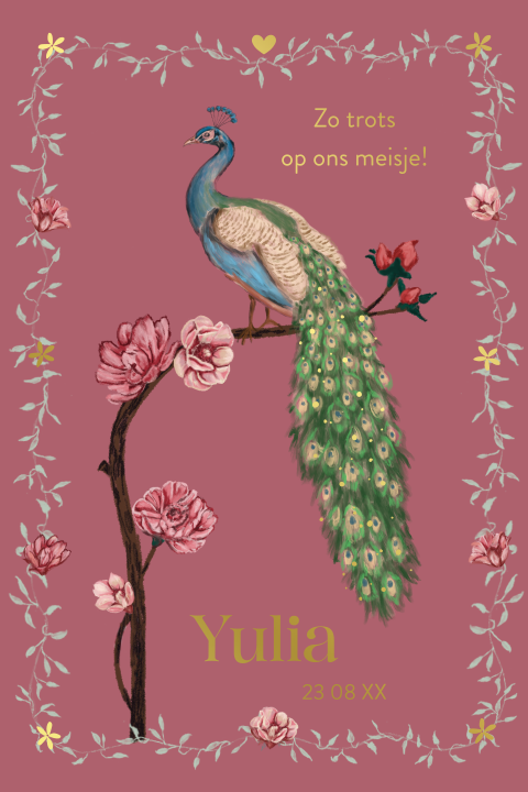 prachtig geboortekaartje waterverf pauw bloemen en goudfolie