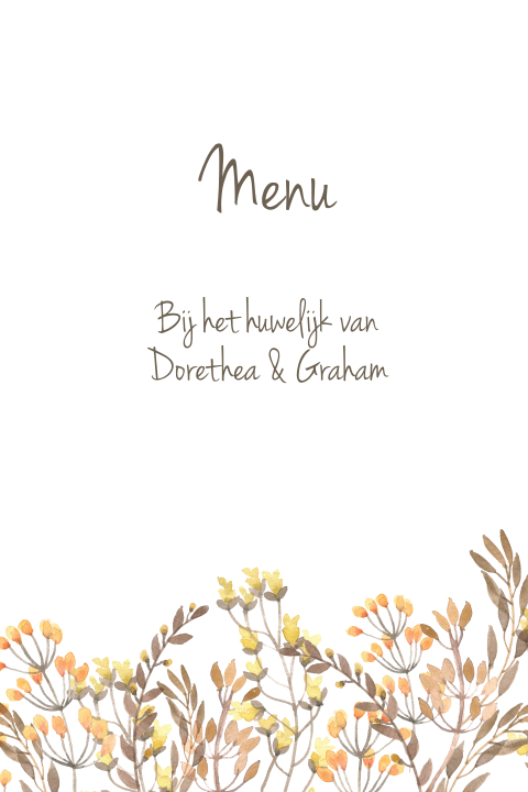Staande menukaart met waterverf bloemen en takjes bruiloft