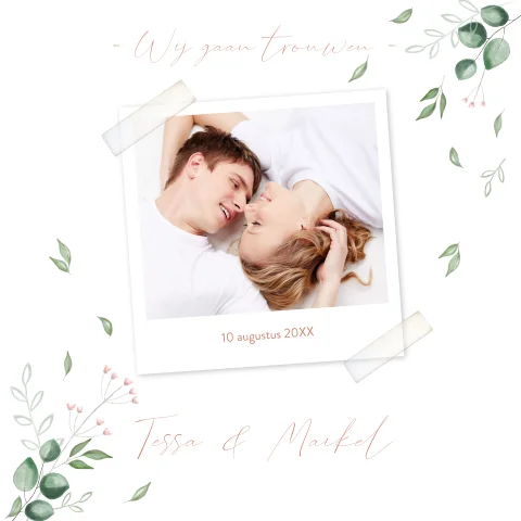 Botanische trouwkaart met je eigen foto groene takjes