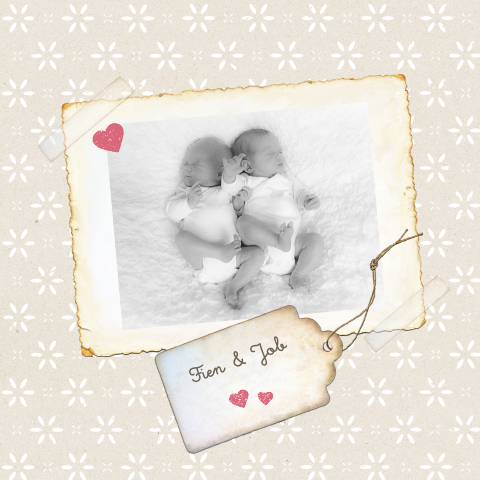 Mooi tweeling geboortekaartje met foto en sterren vintage