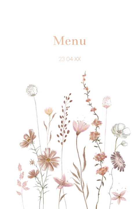 Botanische menukaart met veldbloemen en foliedruk
