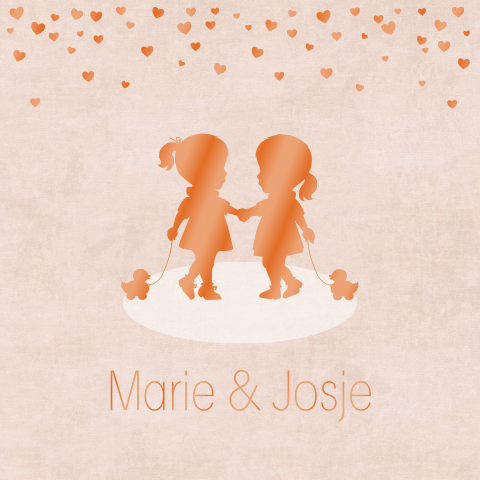 Lieve tweelingkaart met silhouet twee meisjes en hoogglans inkt