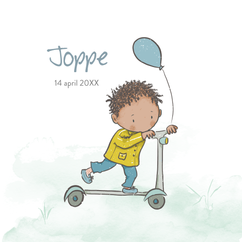 Lief getekend kaartje met jongetje kroeshaar en step