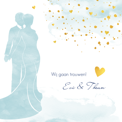 Trouwkaart met gouden confetti en waterverf