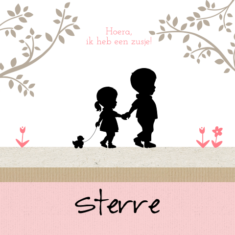 Hippe kaart met silhouet van grote broer en zus op kraft