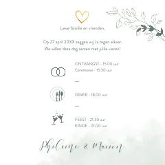 Stijlvolle trouwkaart met waterverf en goudkleurige hartjes