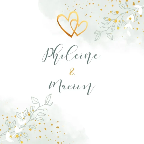 Stijlvolle trouwkaart met waterverf en goudkleurige hartjes