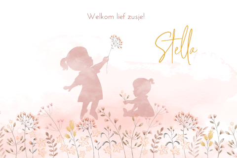 Schattig geboortekaartje waterverf silhouet en veldbloemen