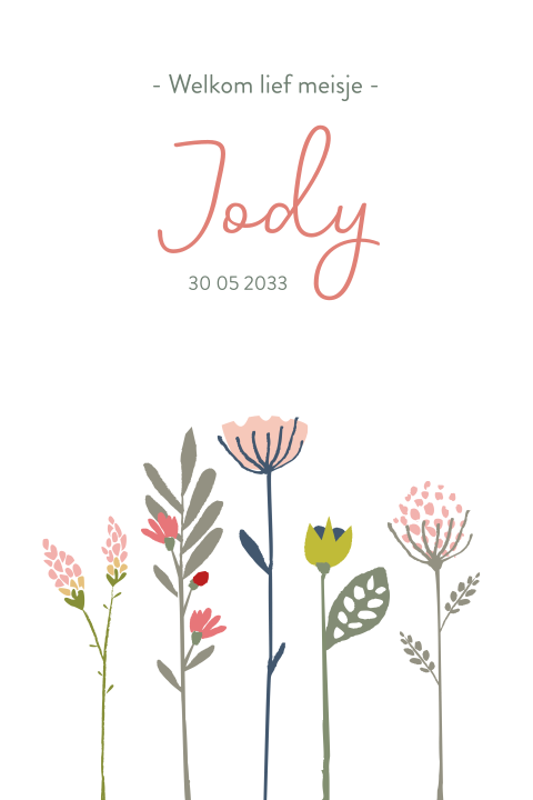 Lief geboortekaartje met grafische veldbloemen en ronde hoeken