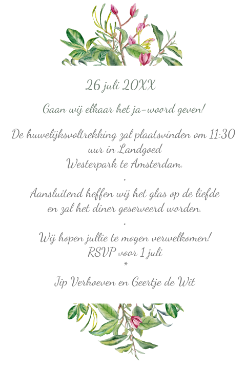 Stijlvolle trouwkaart met waterverf bladeren en bloemen