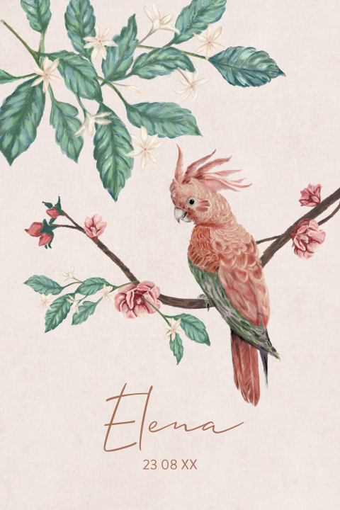 Prachtige geboortekaart met illustratie papegaai en bloemen